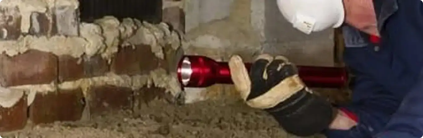 Pest control technician inspecting a crawl space for ant activity in Avon, IN