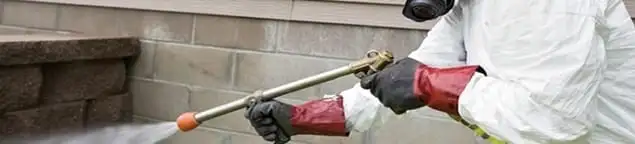 Pest control technician applying exterior insect treatment along a home foundation in Indianapolis, IN