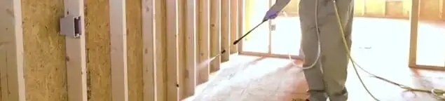 Termite treatment technician applying spray along framing and unfinished walls in Indianapolis, IN